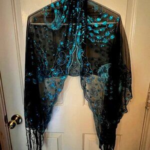 Dramatic Evening Shawl - Peacock Blue and Black